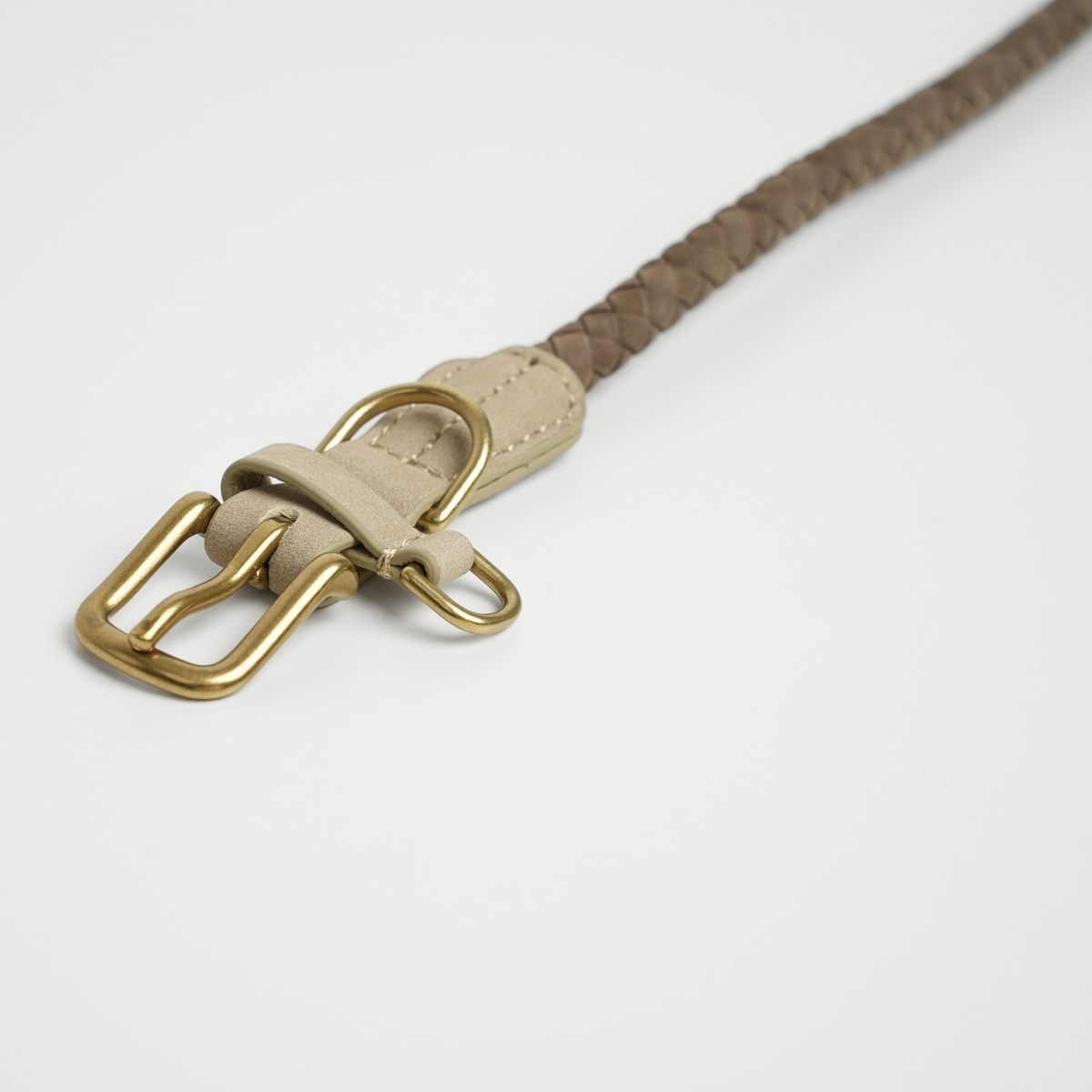 Close-up of the brass buckle on the dark brown braided leather collar