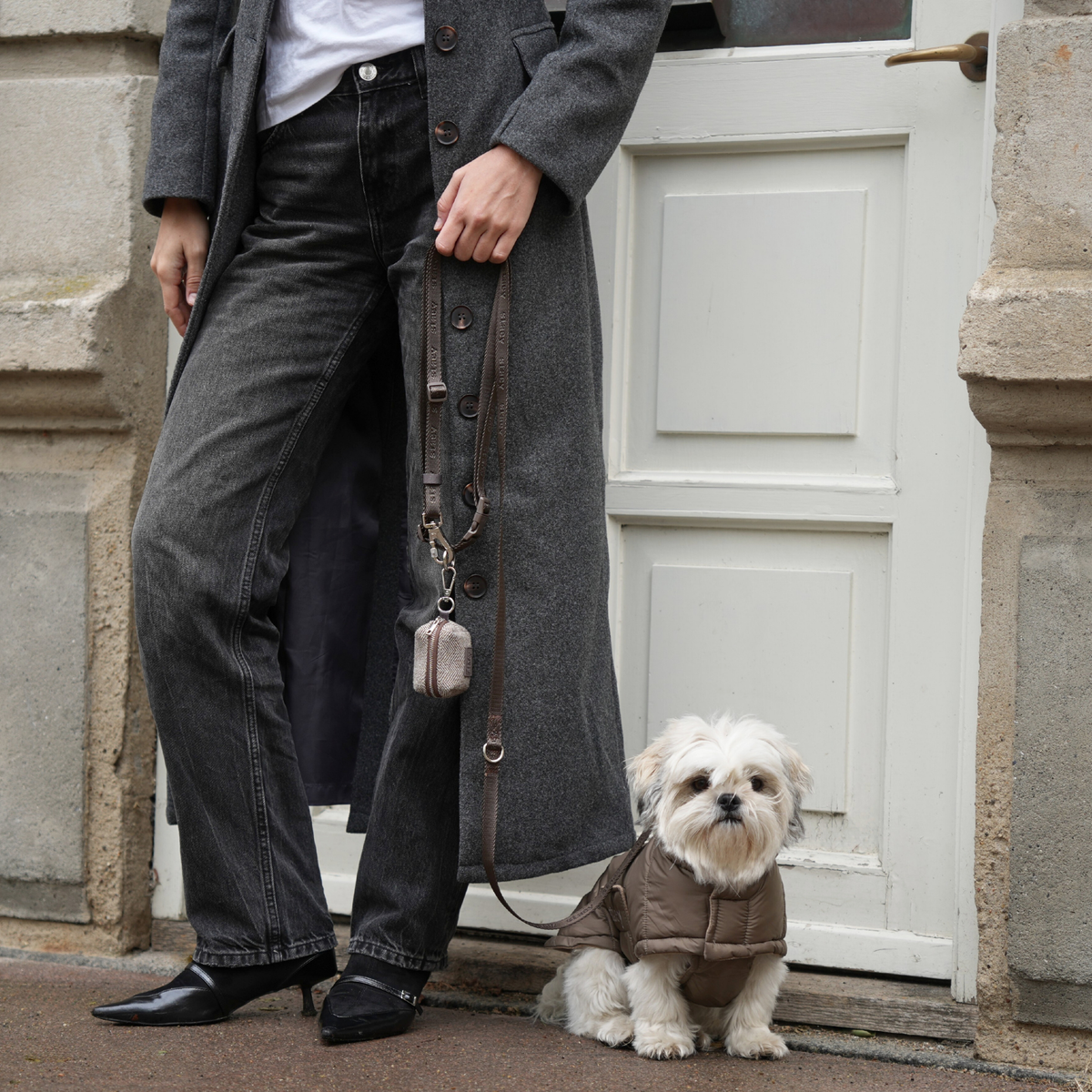 Shih tzu on a lead in a taupe quilted coat beside its owner
