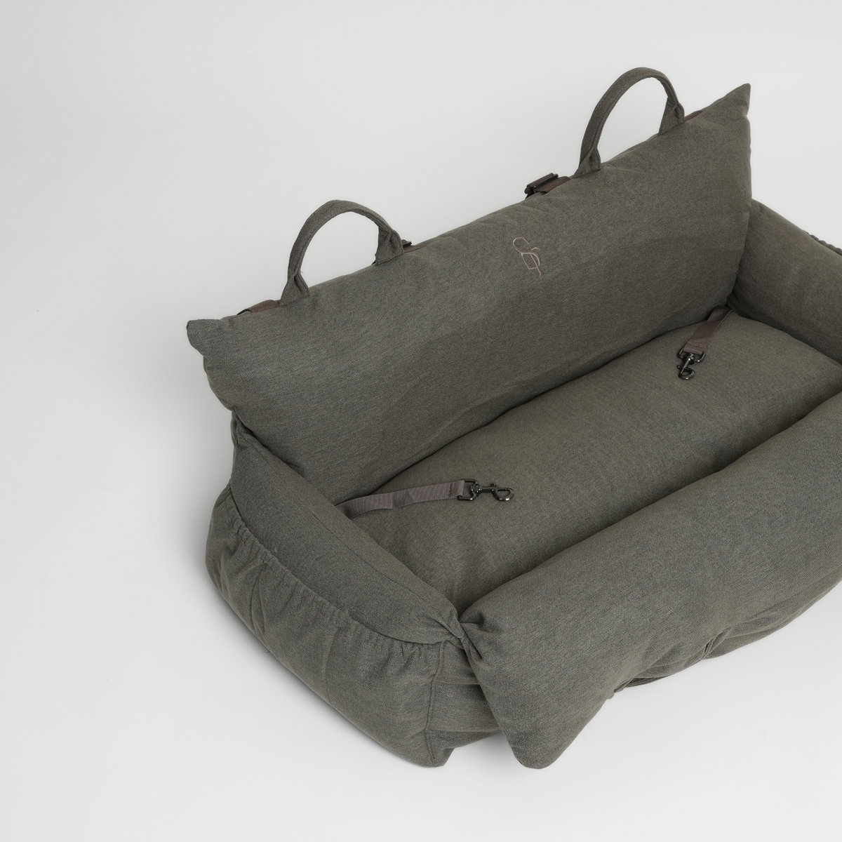 The taupe corduroy XXL dog car seat seen from above