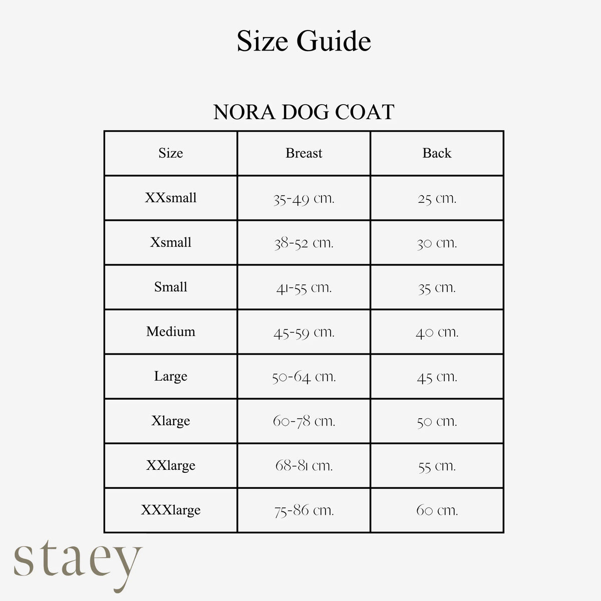 Size guide for the Nora dog coat: chest 35-86 cm and back 25-60 cm across eight sizes