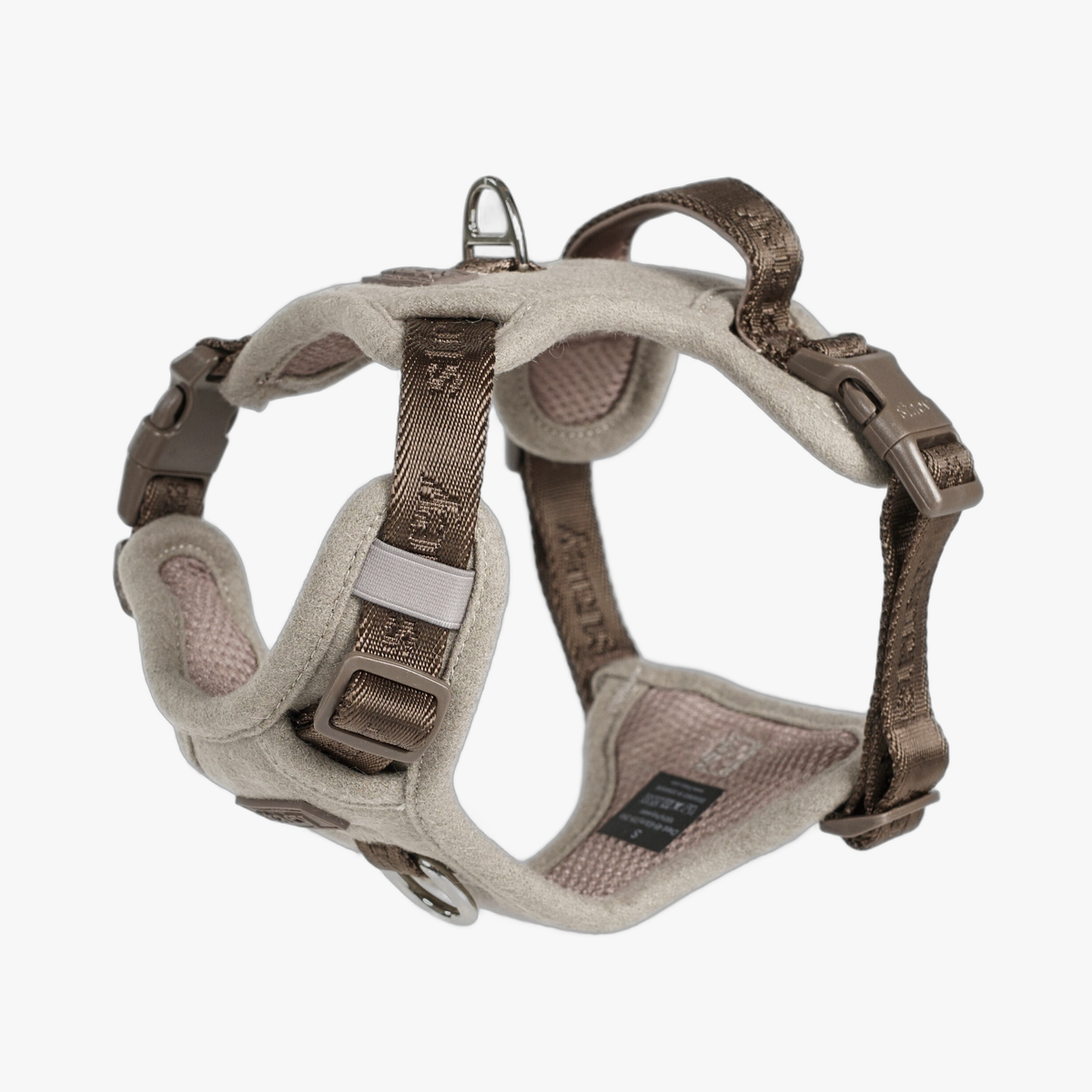 Elma dog harness in sand with braided rope trim and steel D-ring