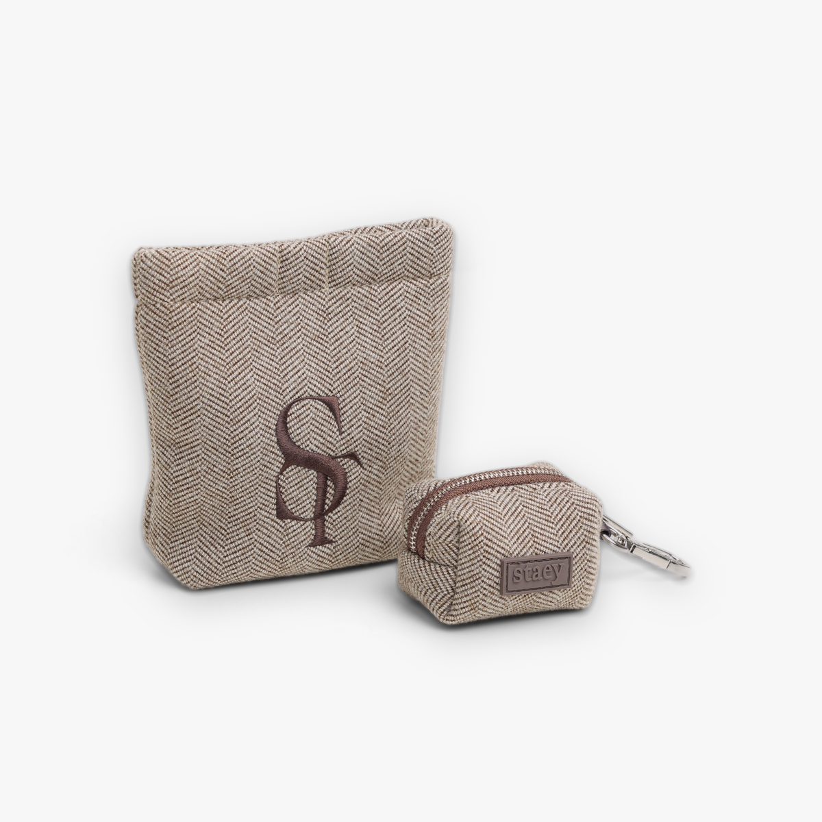 Elma treat bag and poop bag holder in herringbone with Staey monogram