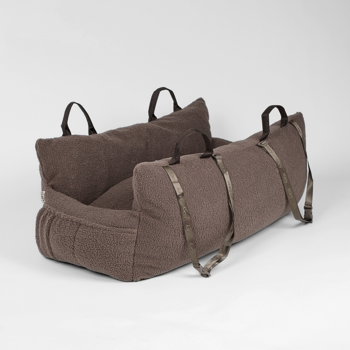 The Clara teddy dog car seat with padded bolsters and safety straps