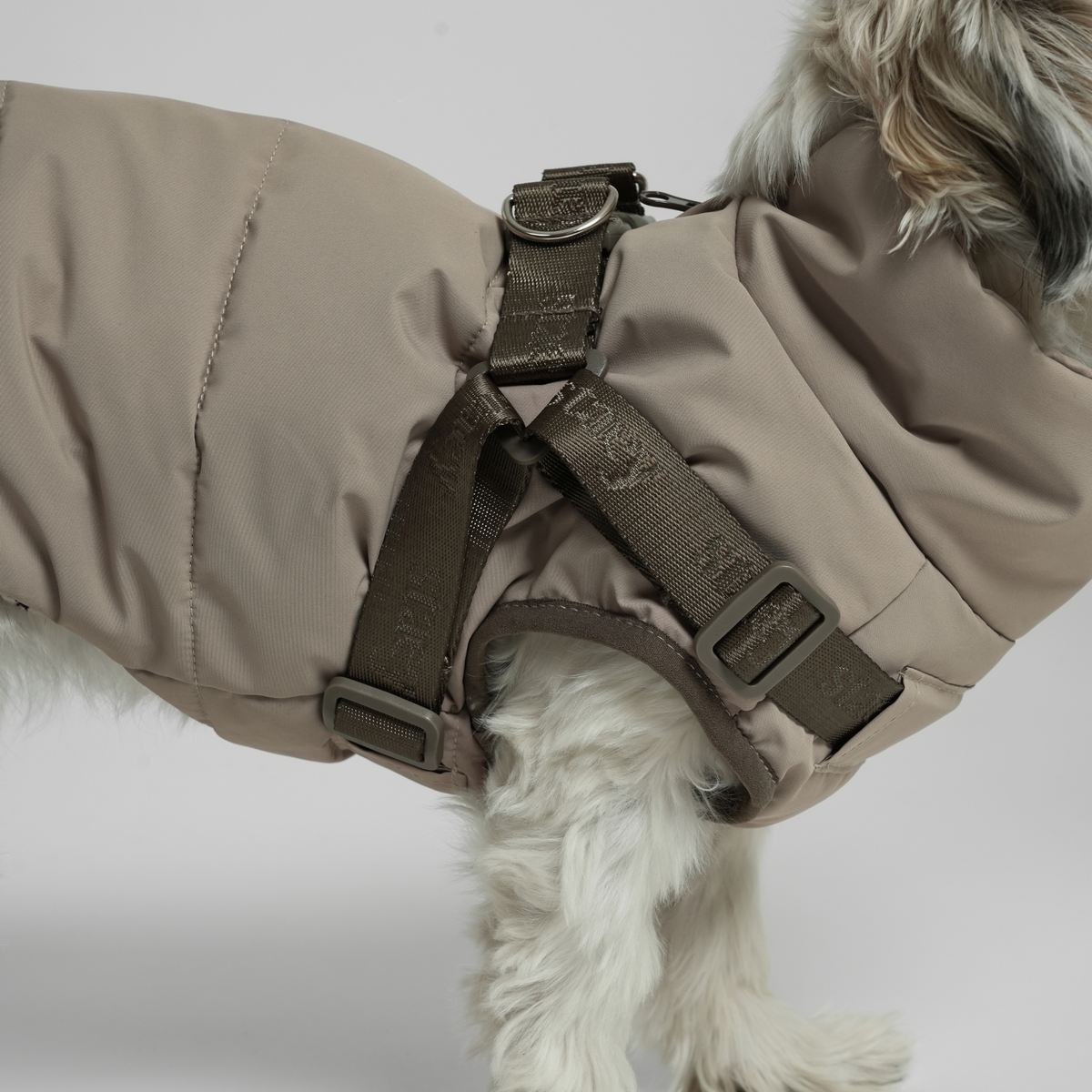 Close-up of the taupe quilted coat with harness on a white dog