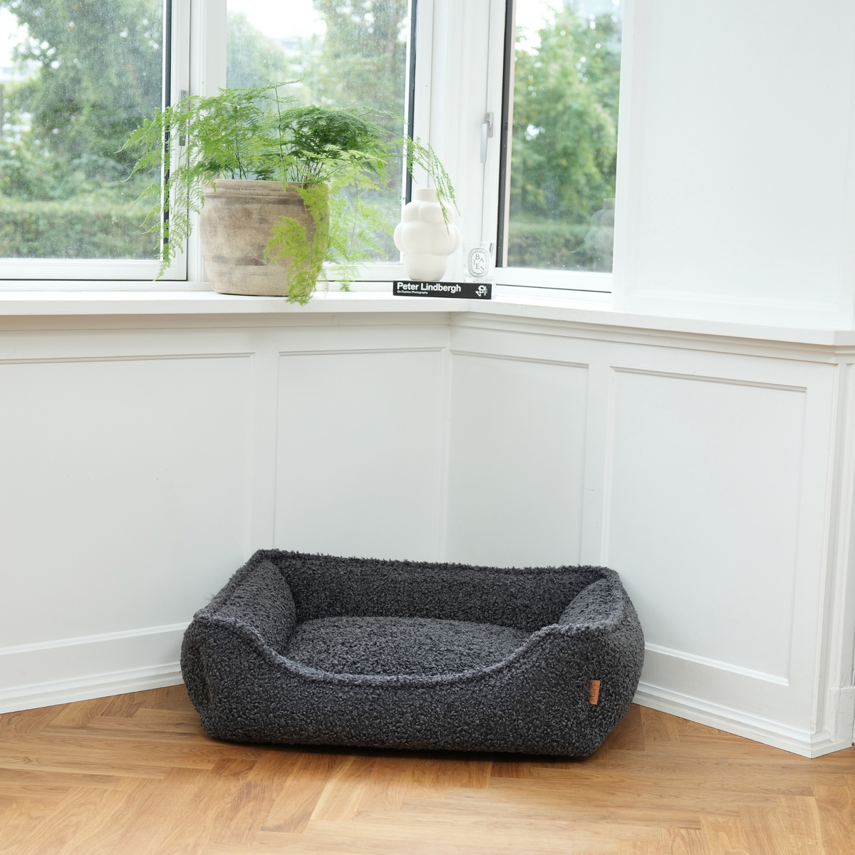 The storm curly bouclé dog bed on a parquet floor by a window