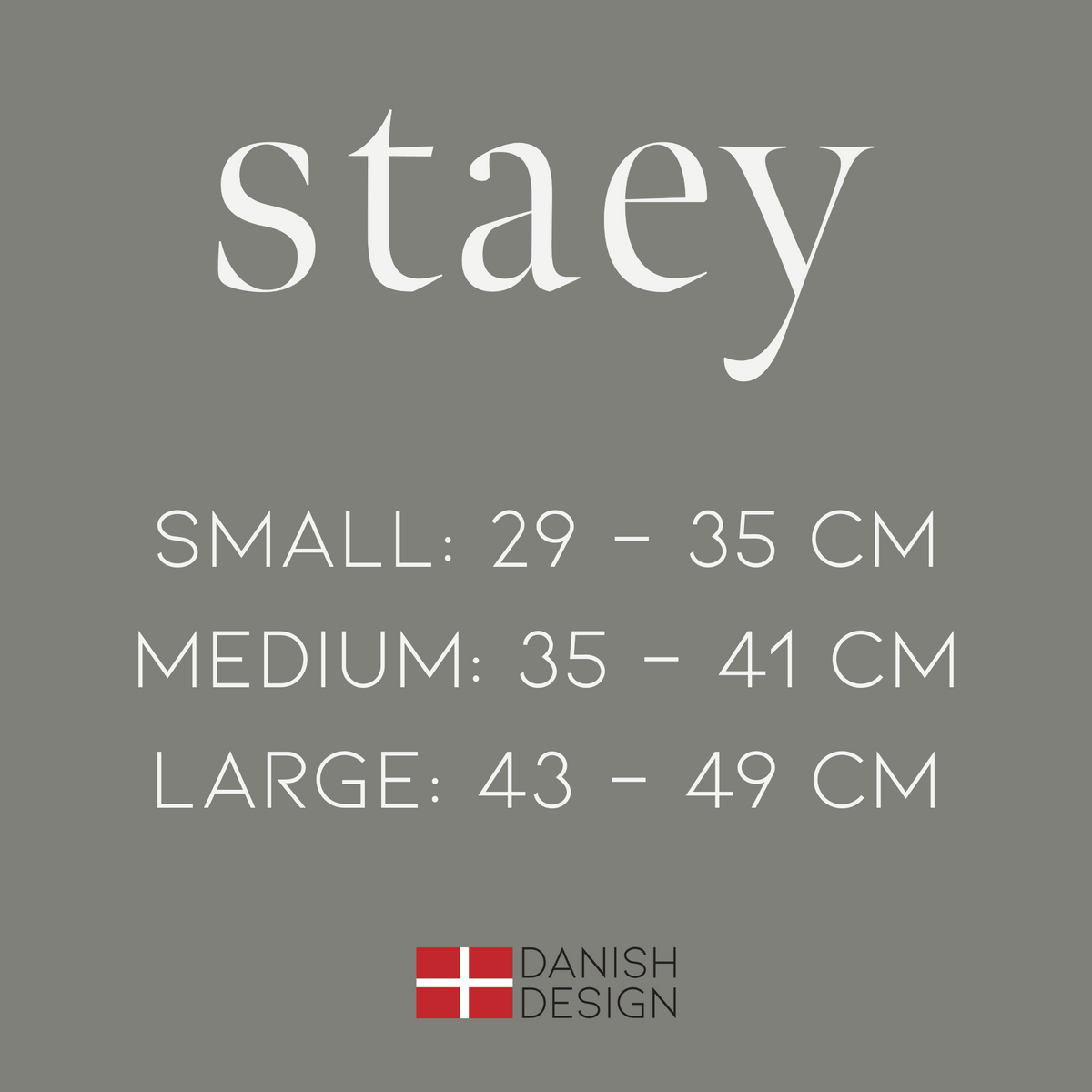 Size guide: Small 29-35 cm, Medium 35-41 cm, Large 43-49 cm, marked Danish Design