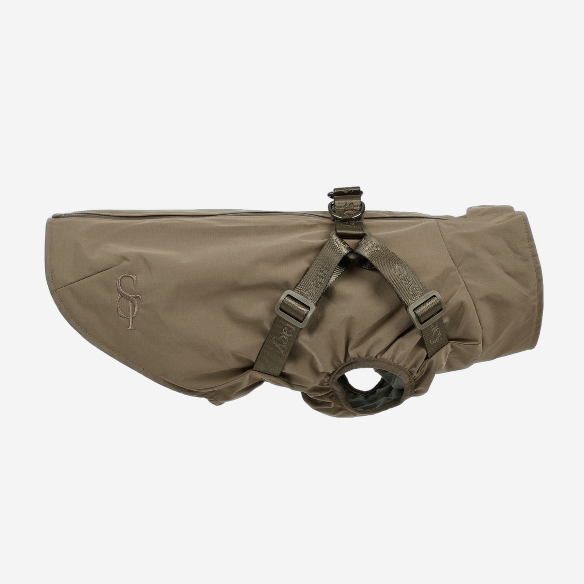 Norma dog rain coat in taupe with built-in harness and leg opening
